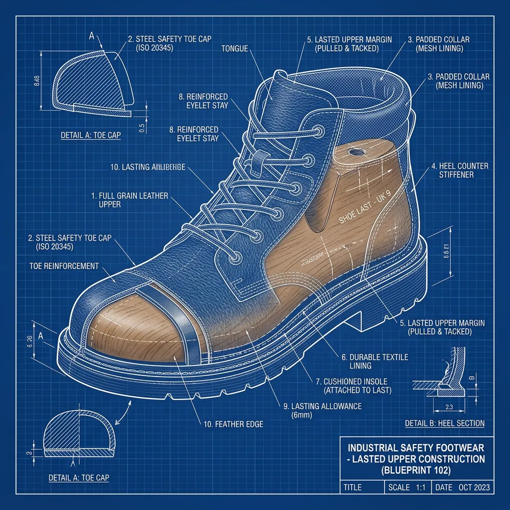 Technical sketch of lasted upper safety shoes manufacturing process