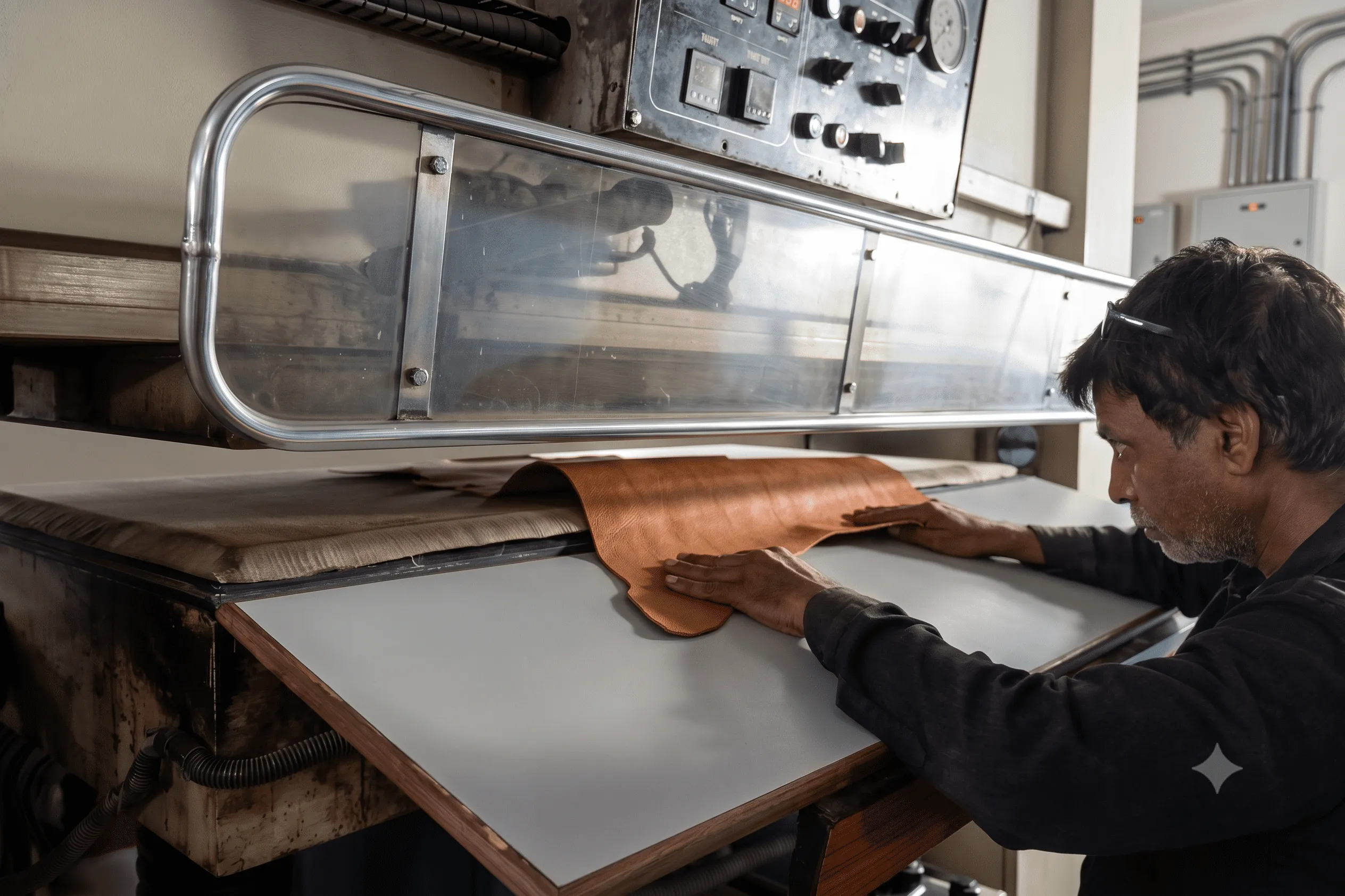Hydraulic plating press for Barton print leather at New Era Tanning Centre